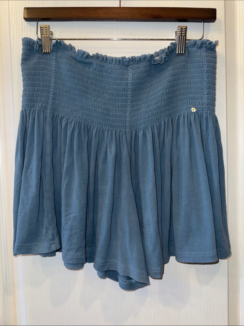NATURAL LIFE Dusty Blue Smocked Skater Shorts with Daisy Accent